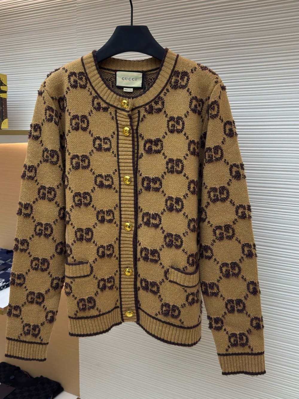Gucci Camel All‑Over GG Jacquard Crew‑Neck Knit Cardigan Gold Buttons